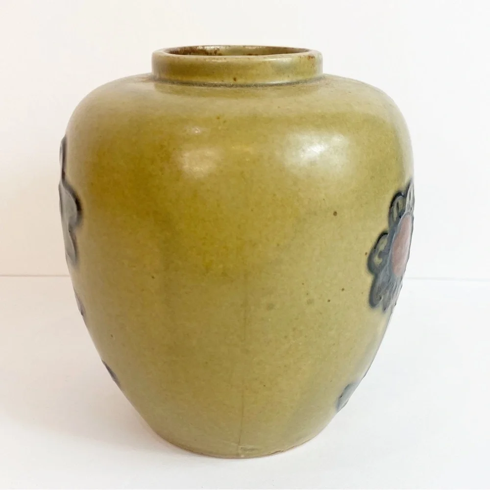 Vintage 70s Vibe Hand Painted Flowers Tan Pottery Vase